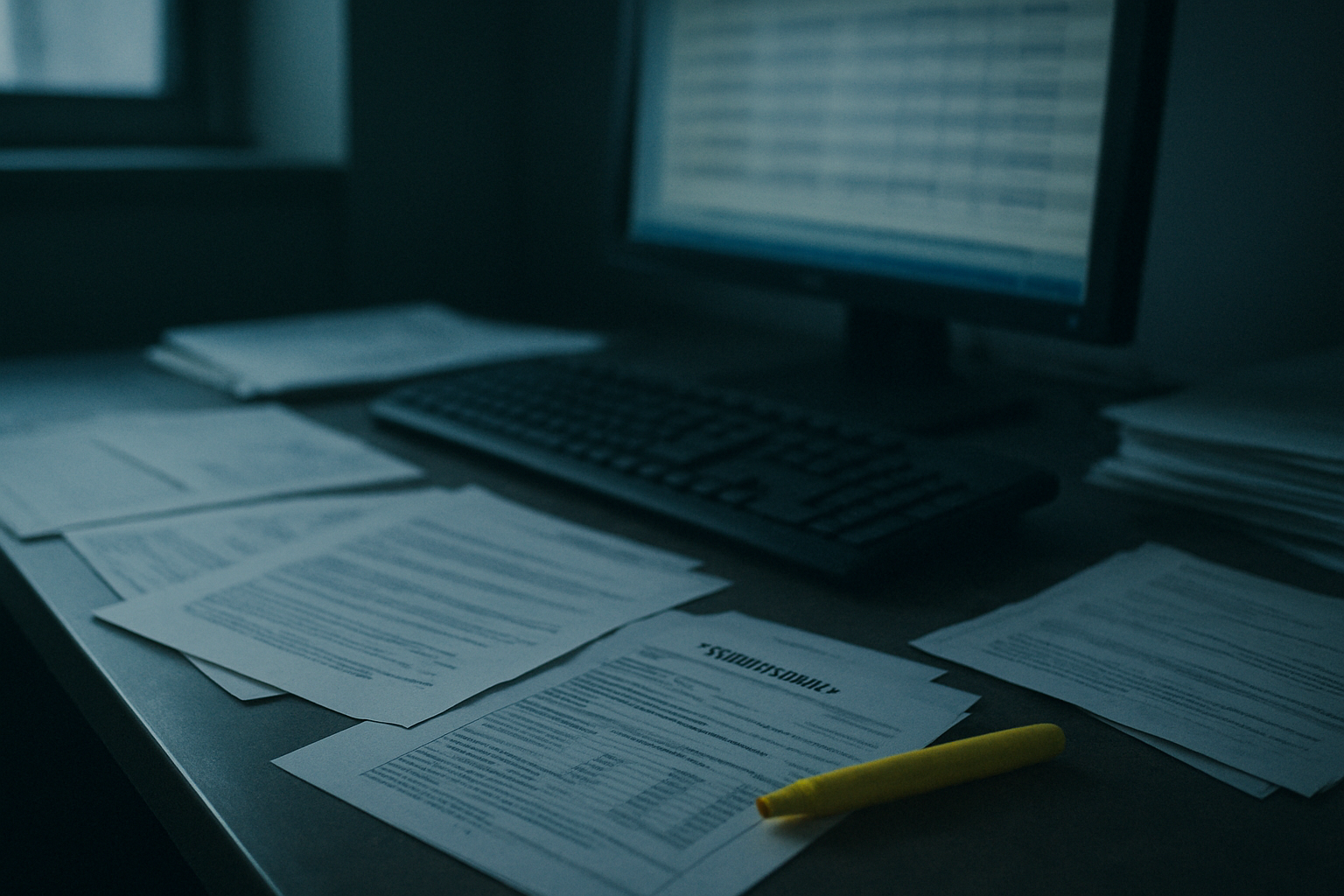 A billing desk with denial letters, printed claims, and a keyboard under cool office light.