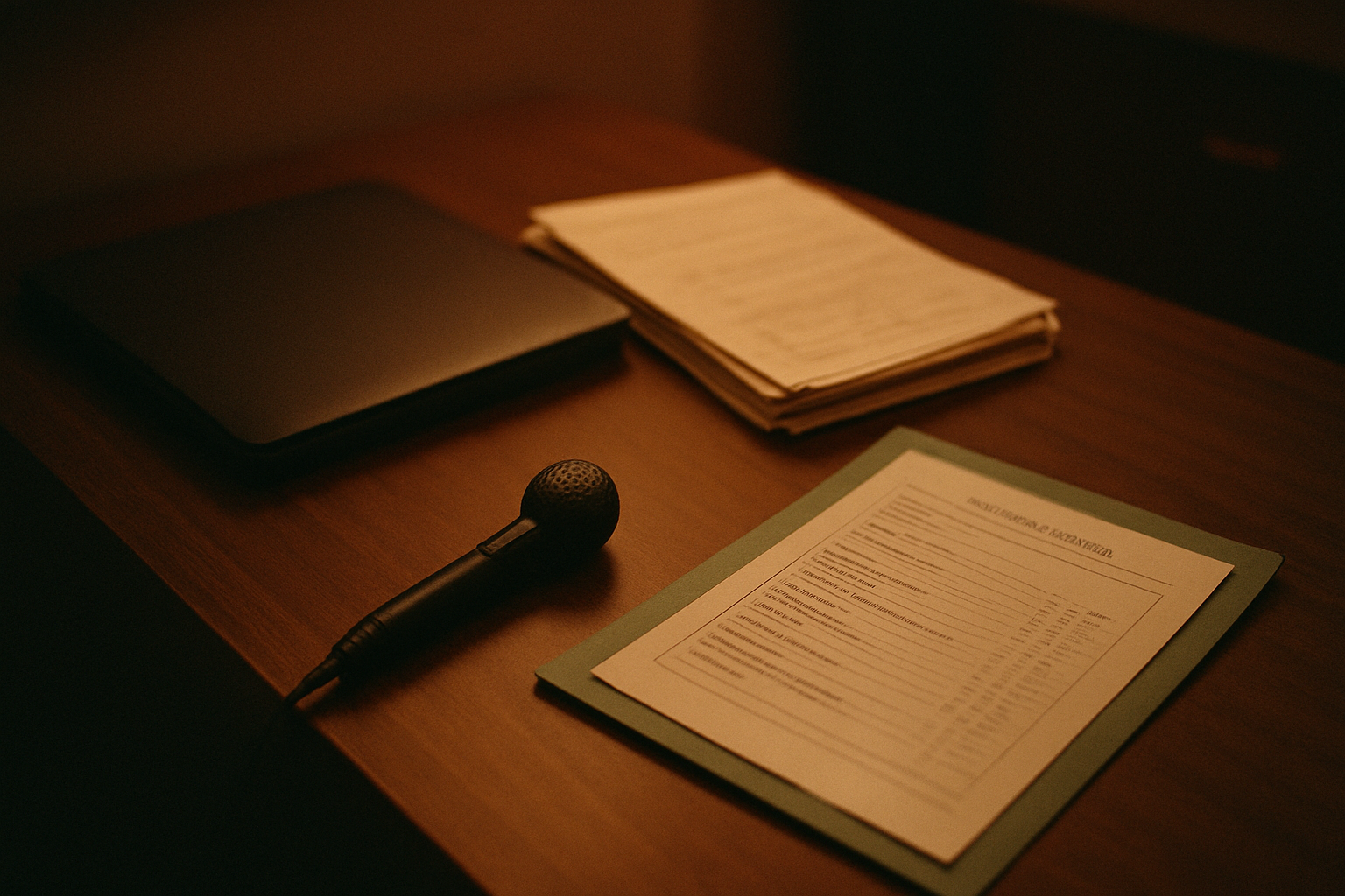 A dim clinic desk with a laptop, dictation microphone, and stacked encounter notes under warm light.