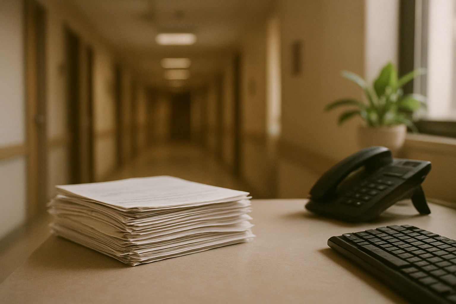 A stack of prior authorization paperwork sits on a clinic desk beside a keyboard in soft natural light.