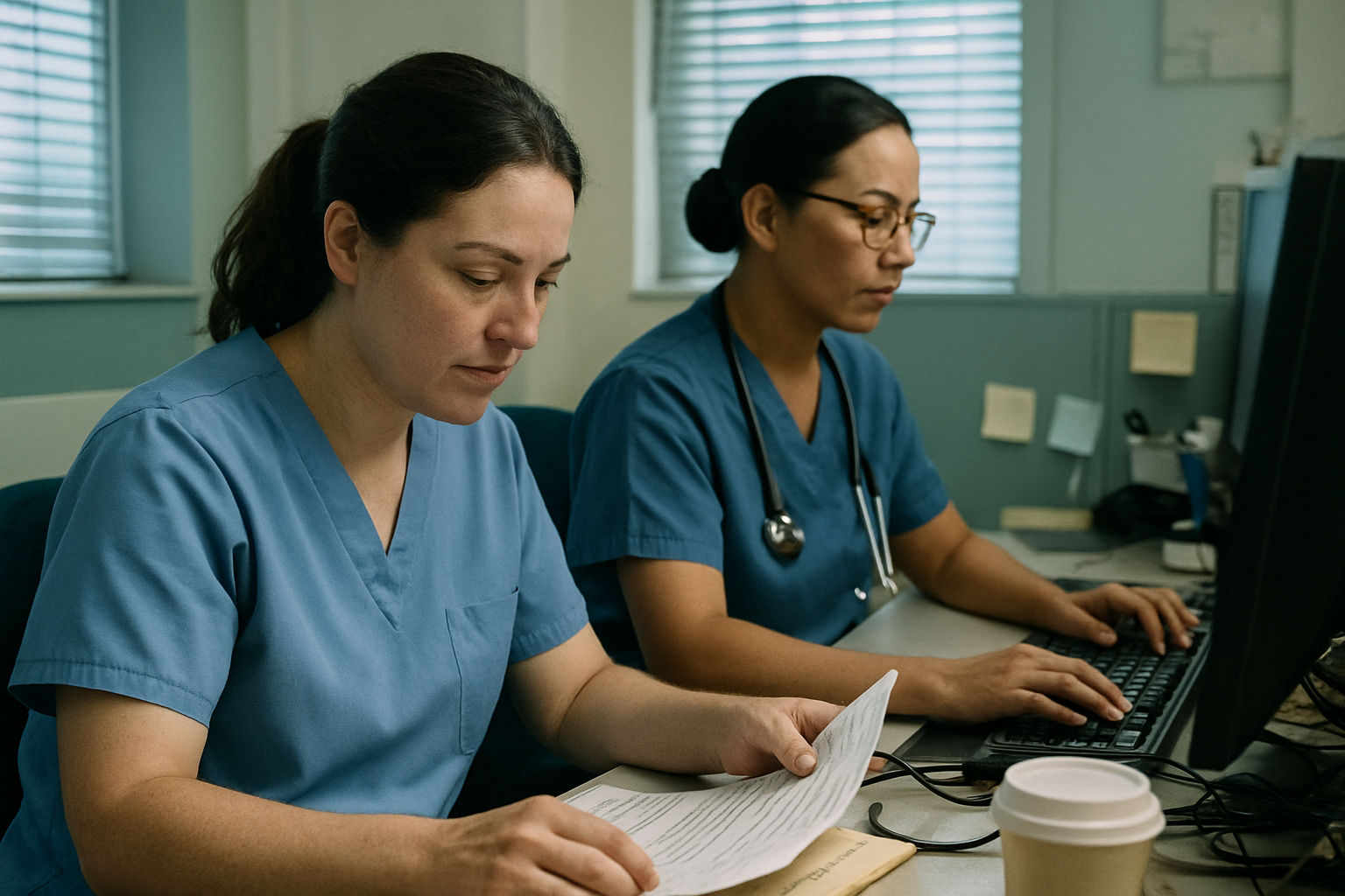 An intake coordinator and nurse review a patient intake form at a busy clinic workstation.