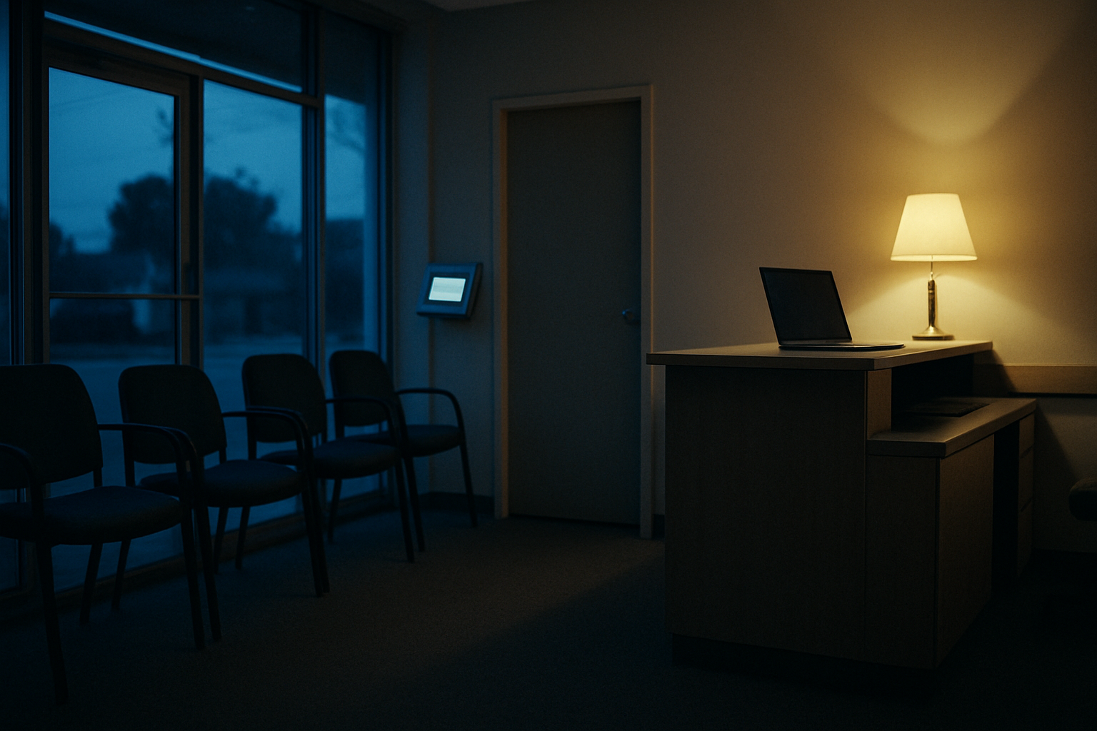 An empty primary care hallway lit by daylight with a quiet nurse station in the distance.