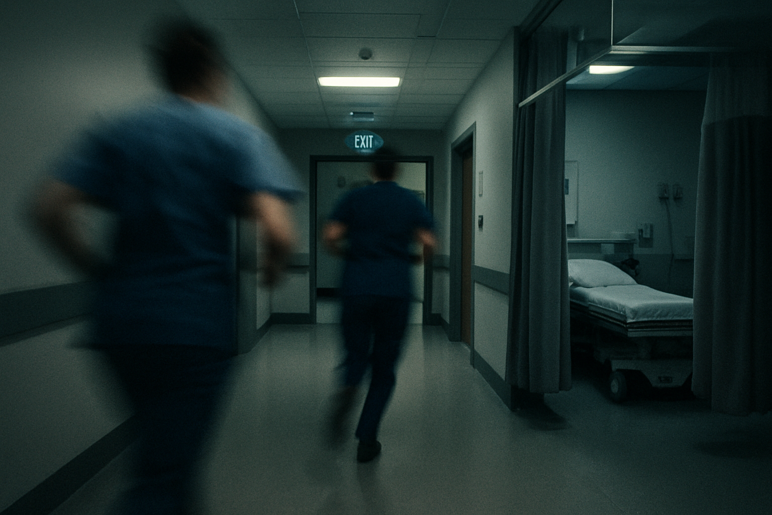 Two clinicians in scrubs rush down a dim emergency department corridor at night, motion-blurred past a treatment bay