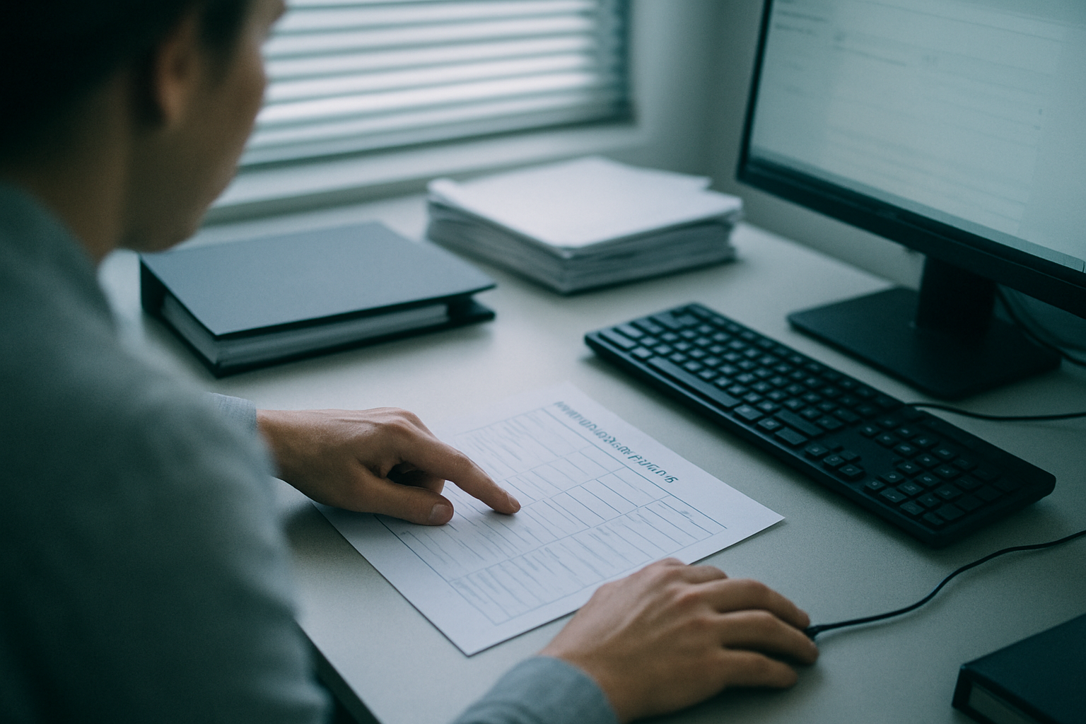 Two compliance staff review an access checklist at a desk in cool daylight, seen candidly from over the shoulder.