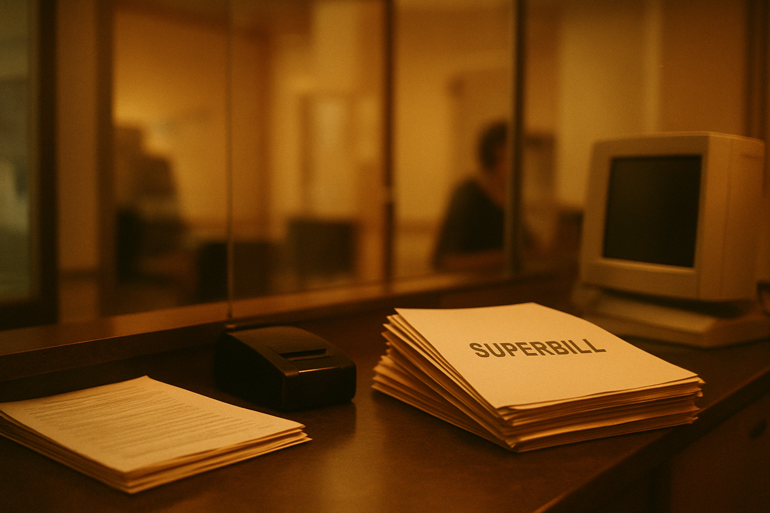 A quiet outpatient checkout desk with paper encounter forms, a scanner, and a softly glowing terminal in warm evening light.