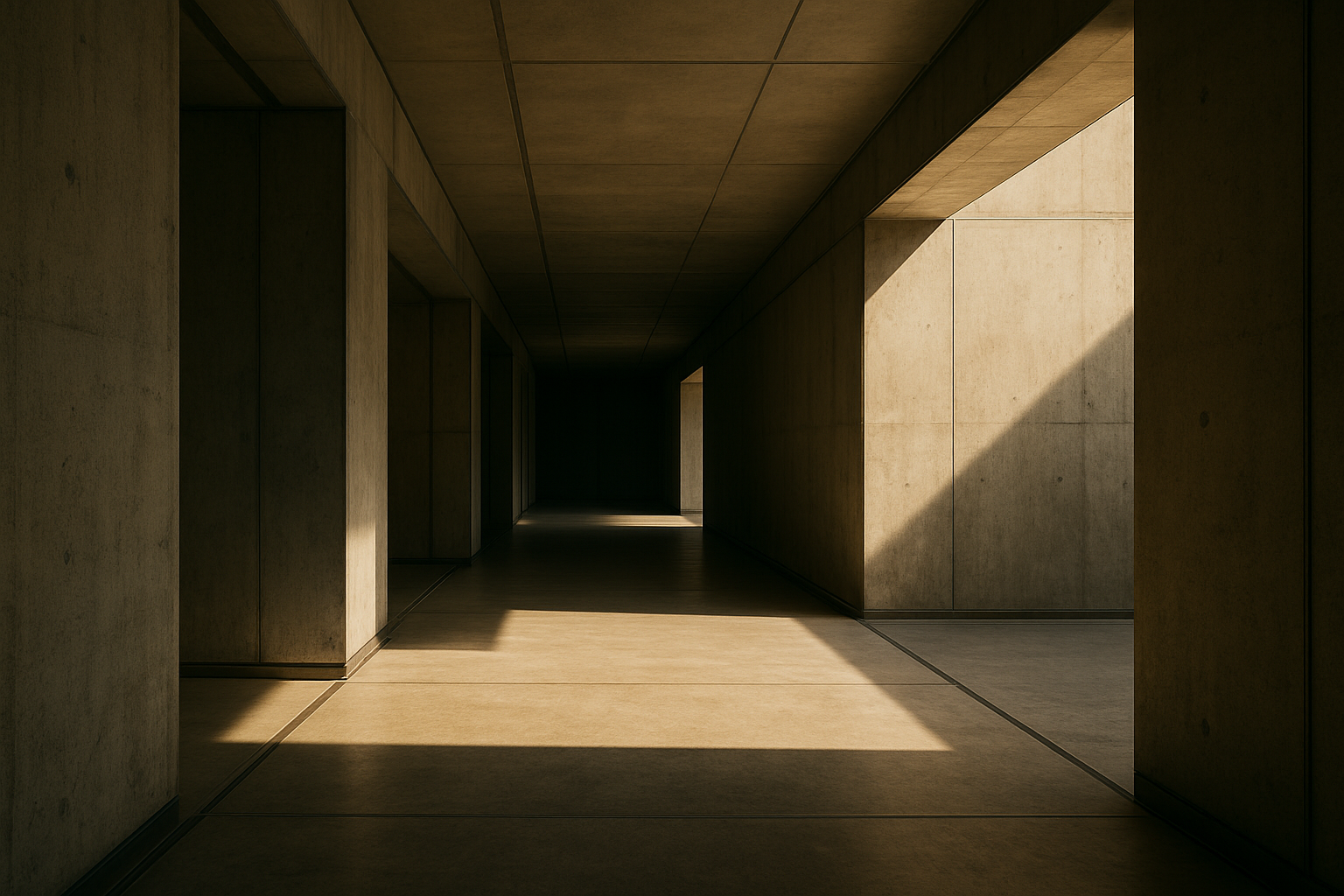 An empty concrete corridor with hard sunlight, deep shadows, and strong geometric lines in a quiet medical building interior.