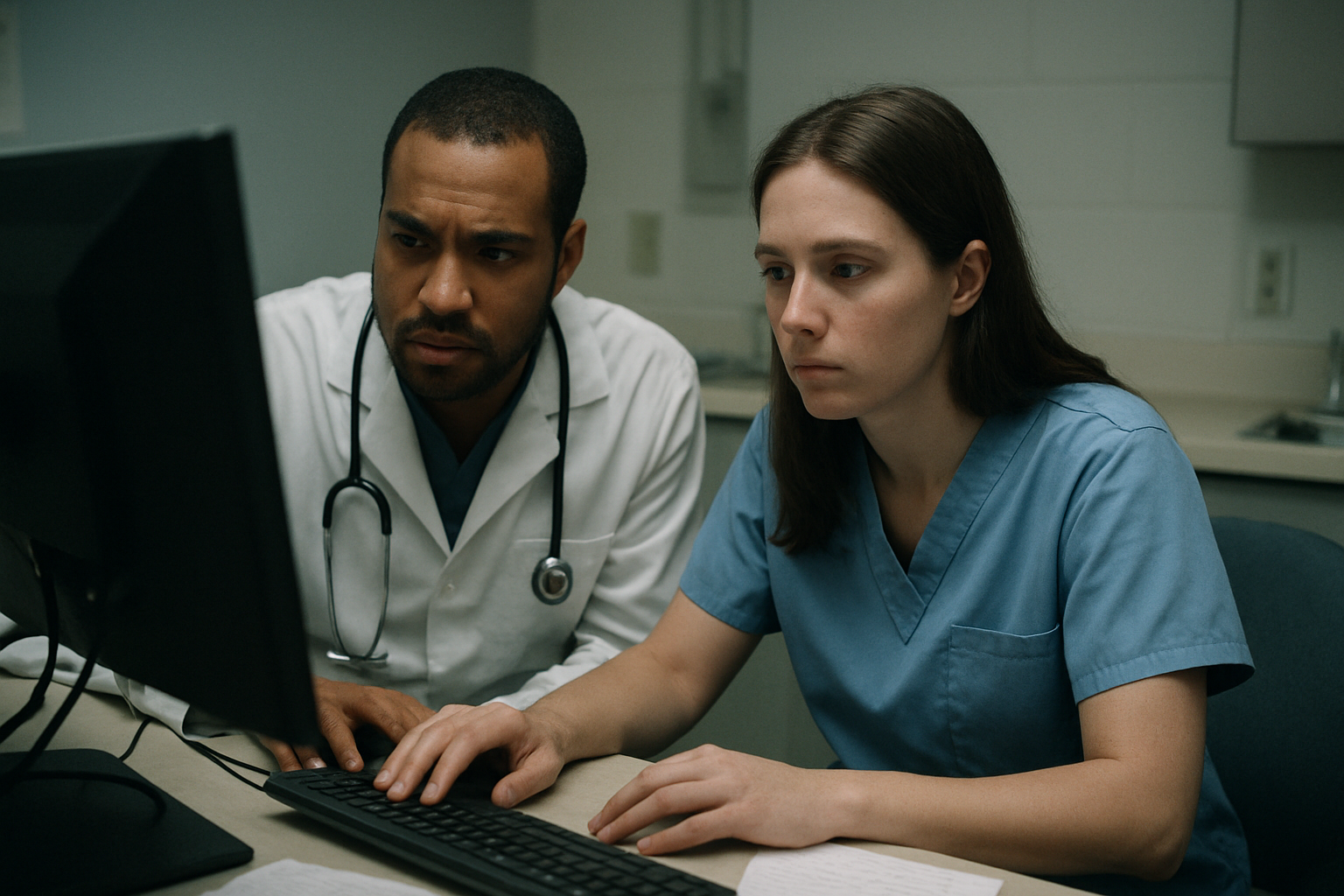 A clinician and a medical scribe review a note on a desktop monitor in a clinic exam room after a visit.