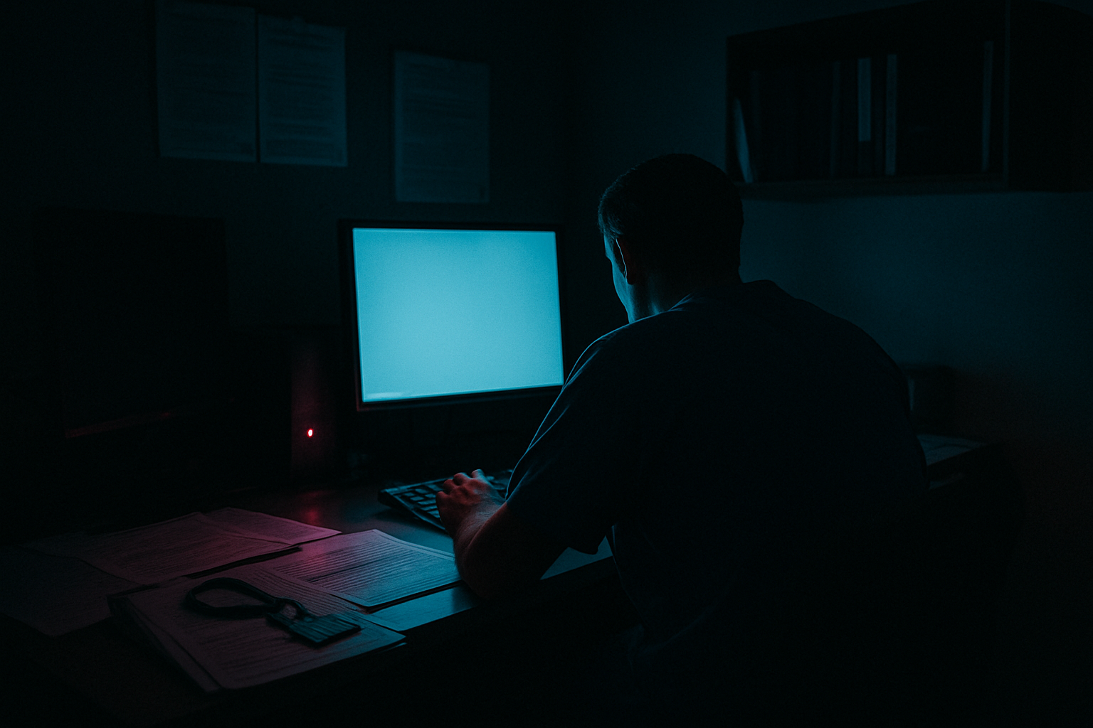 A clinician sits at a workstation in a dark office lit by monitor glow and indicator lights after hours.
