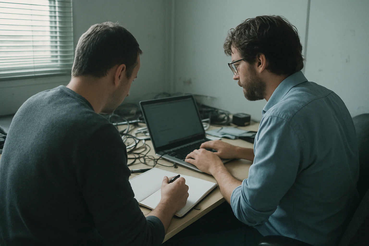 An over-the-shoulder documentary-style scene shows two people working at a cluttered desk in cool daylight with no posed expressions.