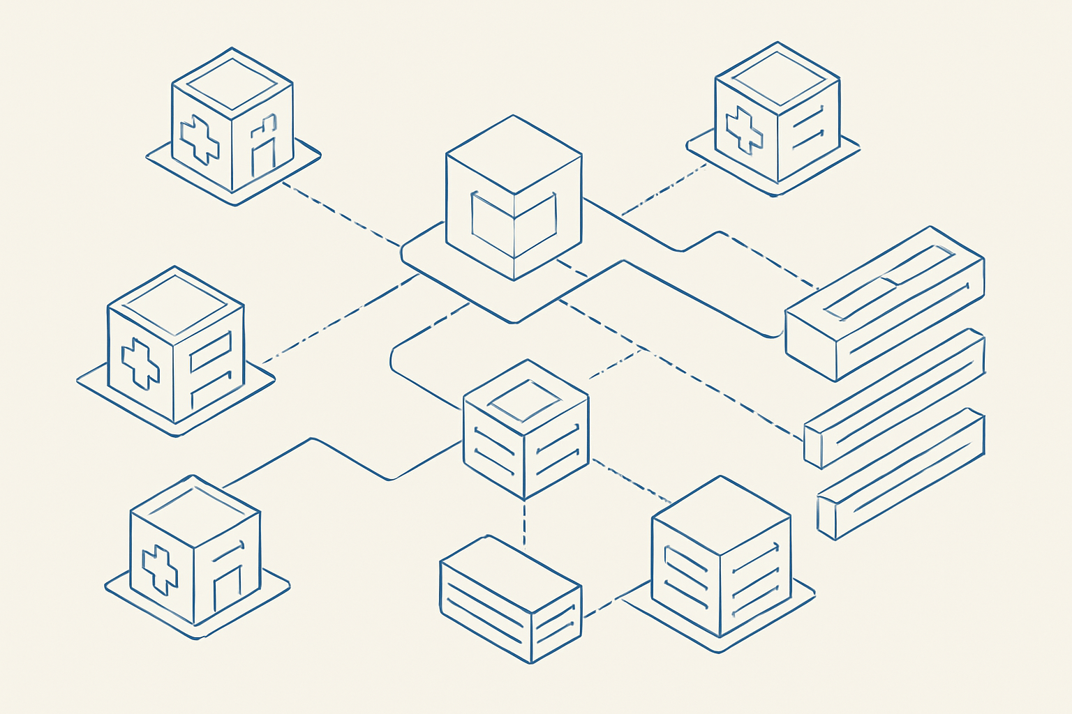An isometric blueprint-style schematic shows a connected care coordination platform linking multiple hospital sites, task queues, and data flows.