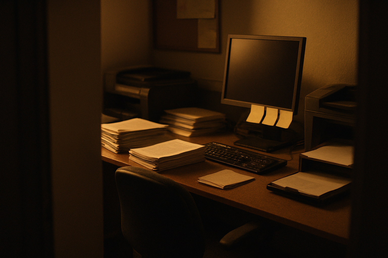 A dim claim operations desk with papers, a printer, and a monitor glowing softly in warm light.