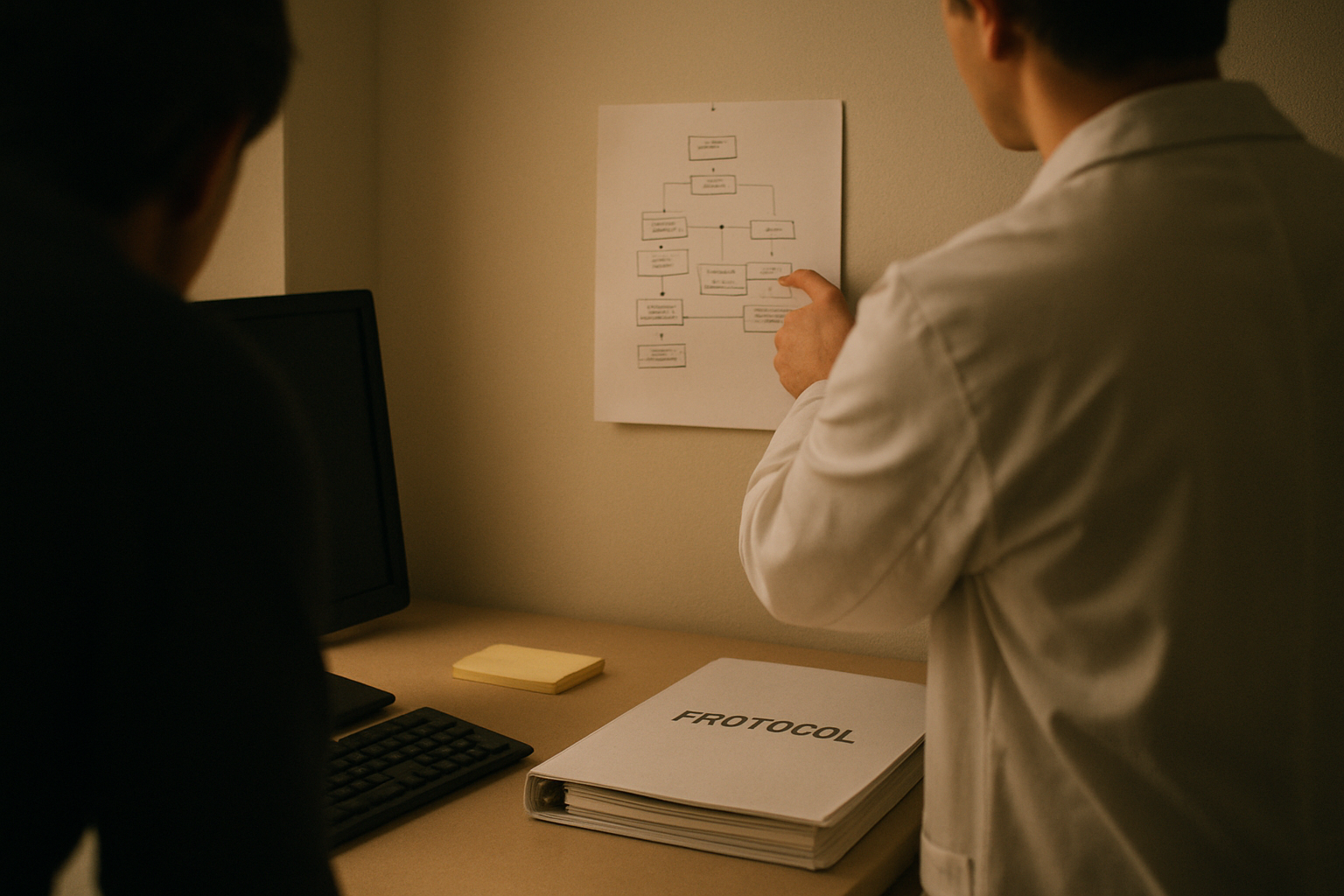 Two clinicians review a paper protocol beside an angled monitor in a softly lit workroom.
