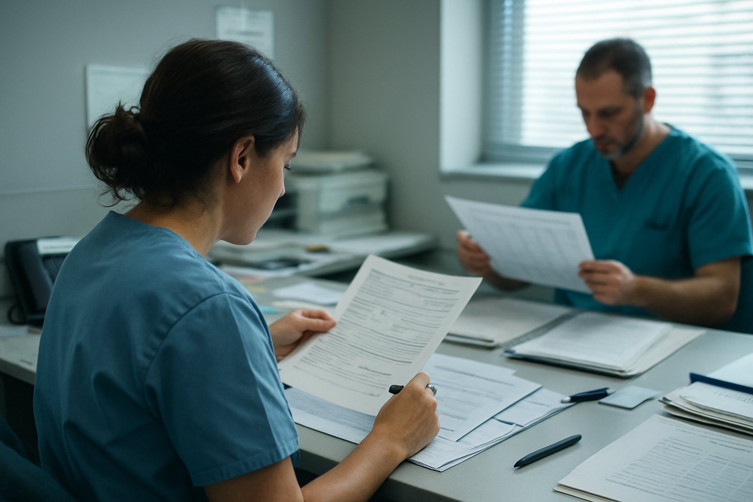 A care coordinator and a clinician work through a handoff at a cluttered desk in cool daylight.