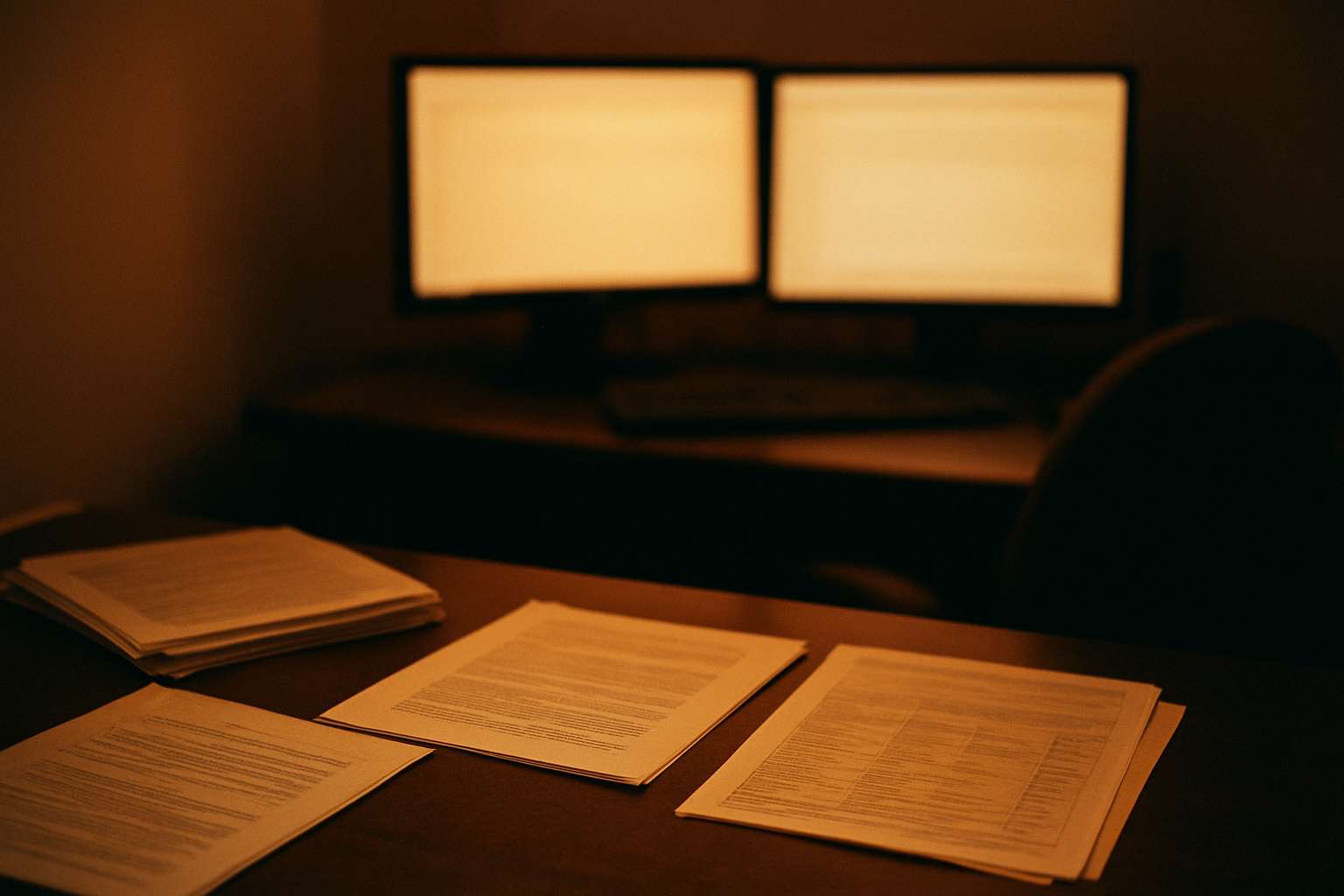 A sidelong view of a coding workstation with encounter notes, reference sheets, and blurred monitors in warm indoor light.