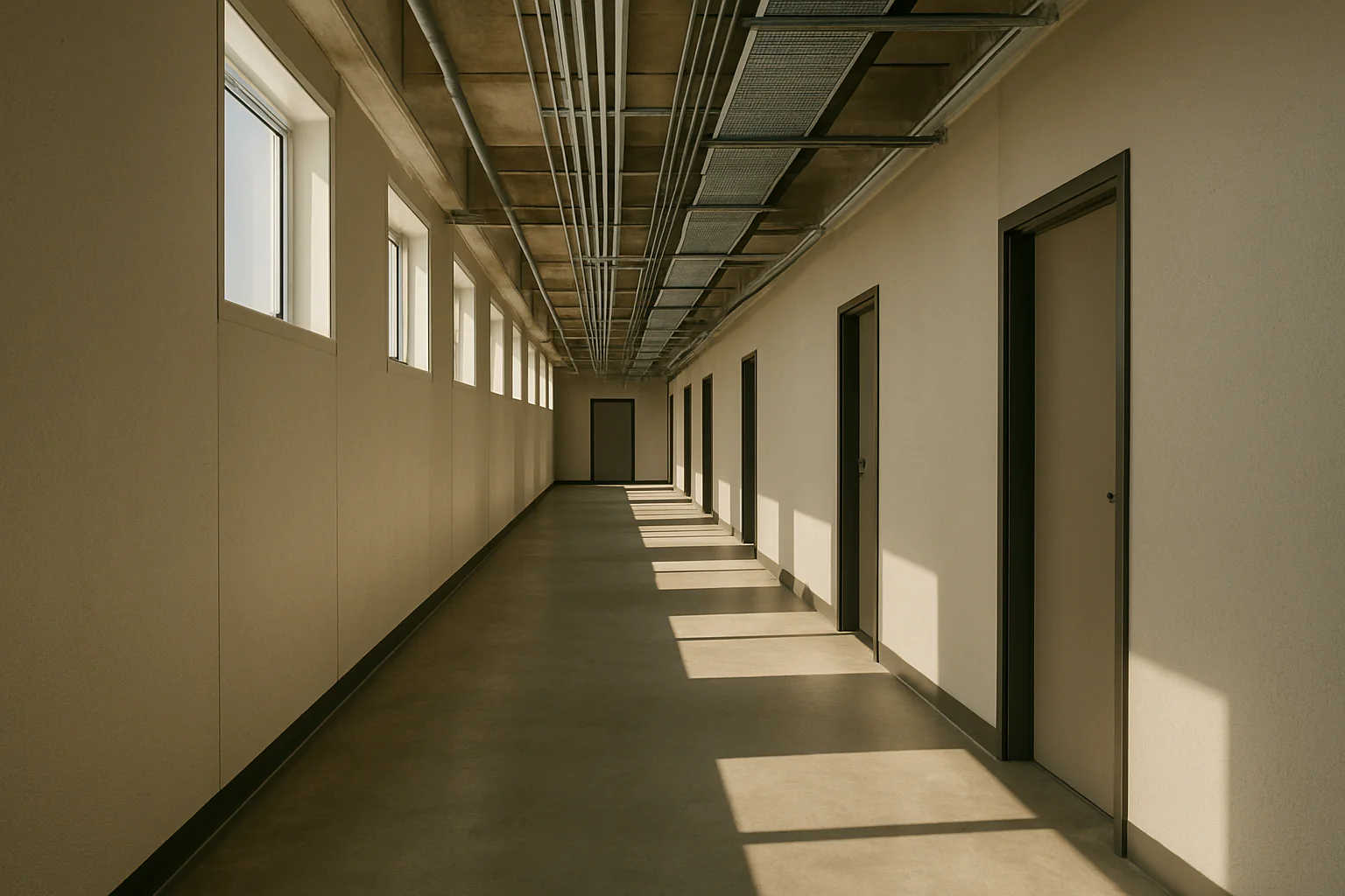 An empty geometric building corridor with hard sunlight, deep shadows, and warm concrete surfaces.