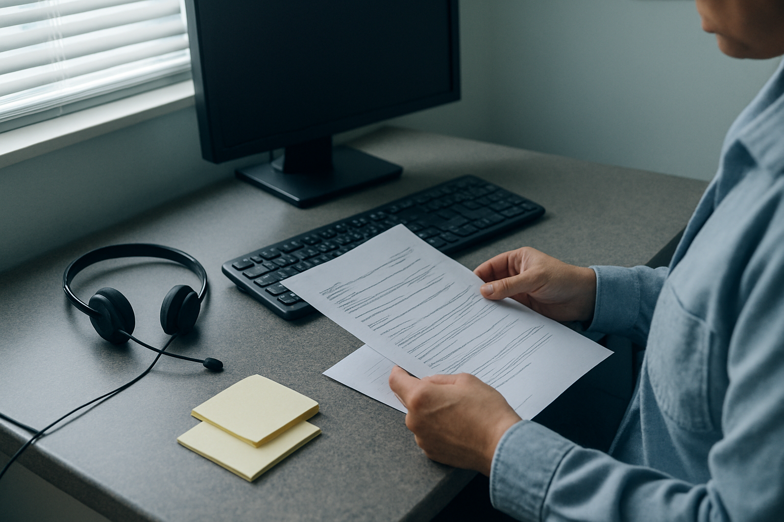 A clinician reviews intake paperwork beside a workstation in a behavioral health office.