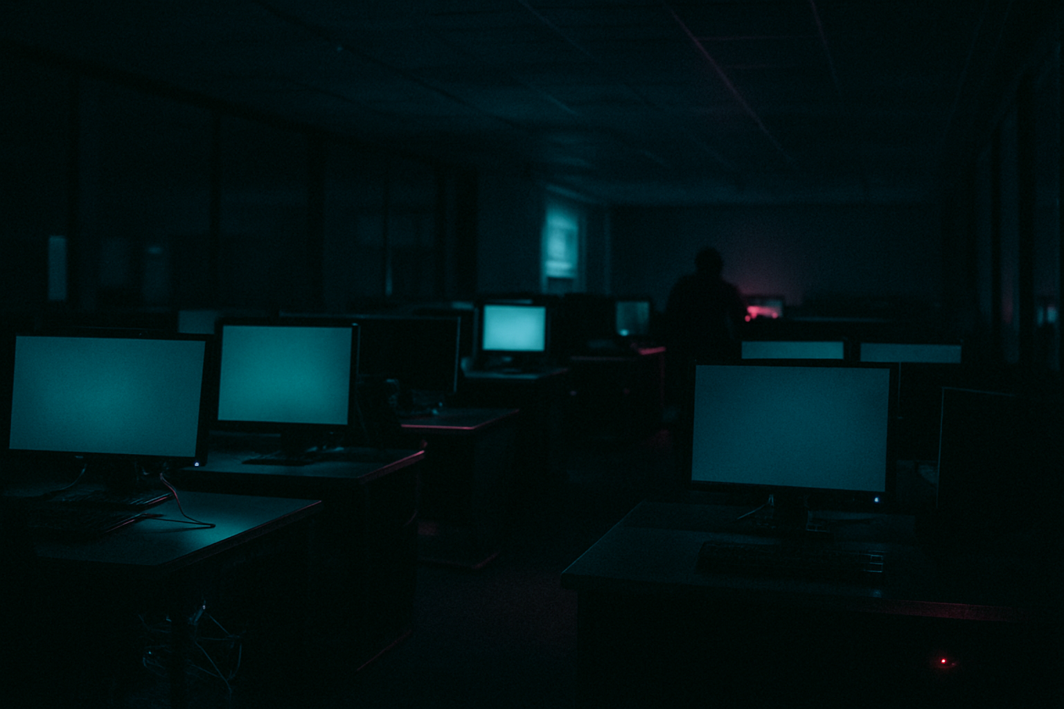 A dark after-hours operations room lit by monitors and indicator lights, with one silhouetted figure and high-contrast cyan-magenta shadows.