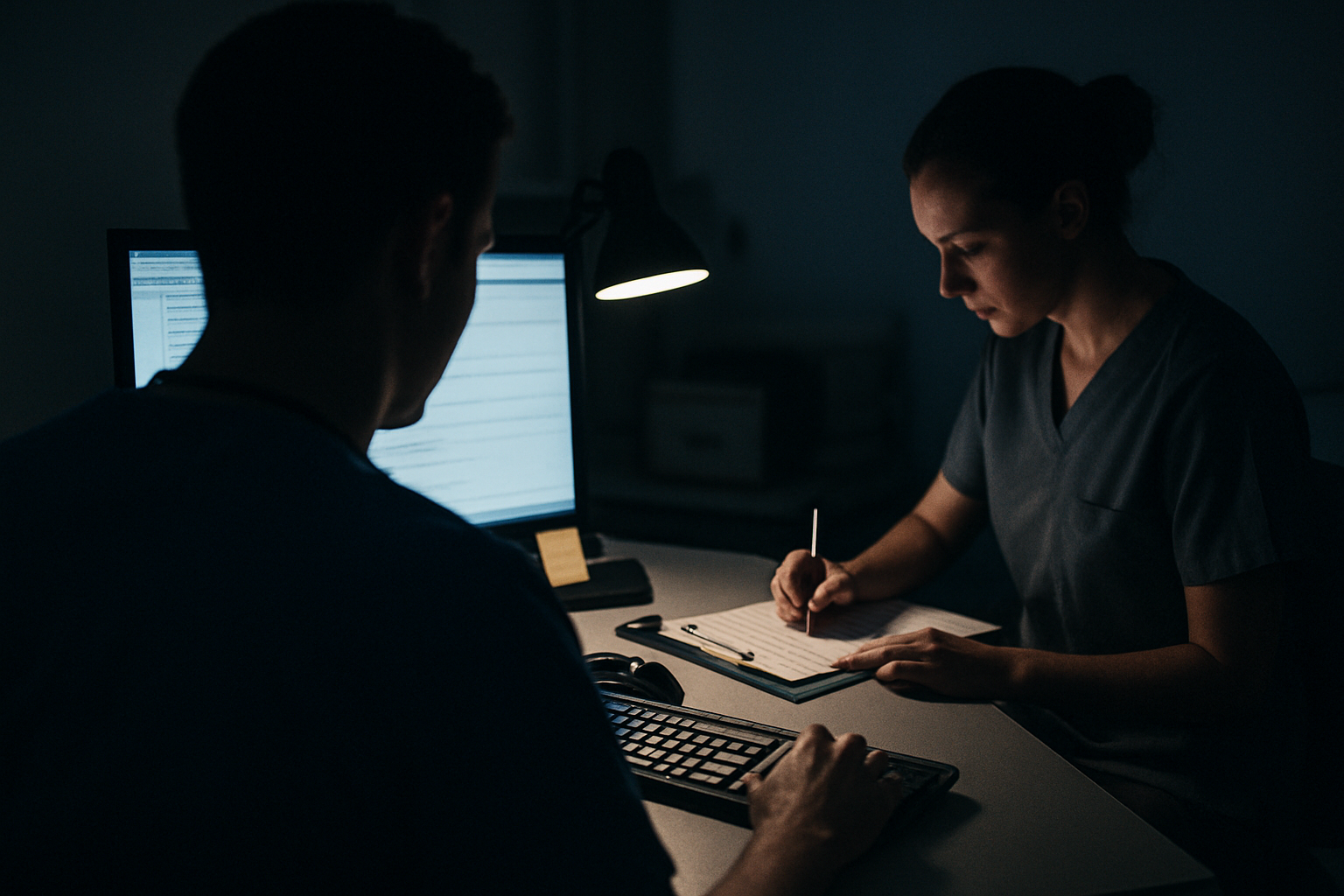 A dim clinic workroom with a clinician reviewing an ambient note on a monitor while another person annotates a paper template nearby.