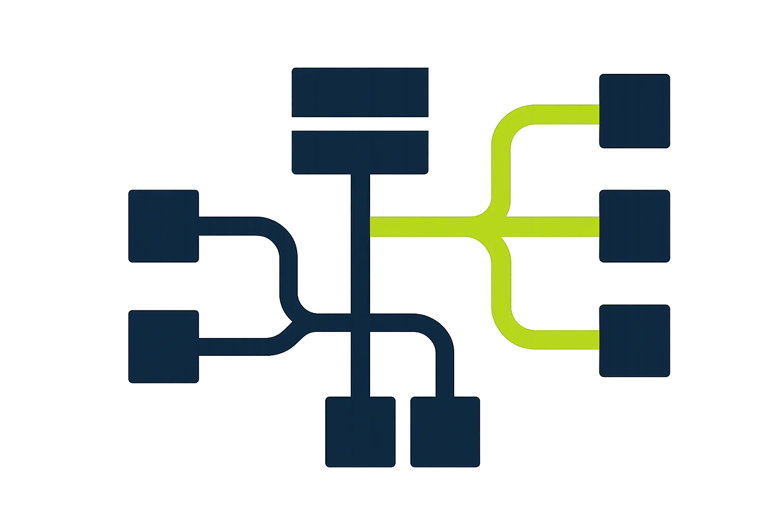 A flat vector infographic shows a central data stream branching into edge nodes with one lime-highlighted real-time path on a deep navy and white background.