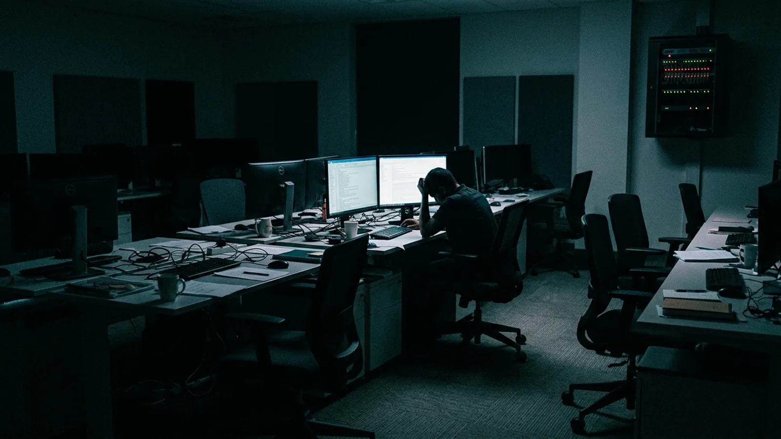 A lone analyst silhouetted at a desk in a darkened office after hours, reviewing a long report by monitor light, surrounded by empty chairs.