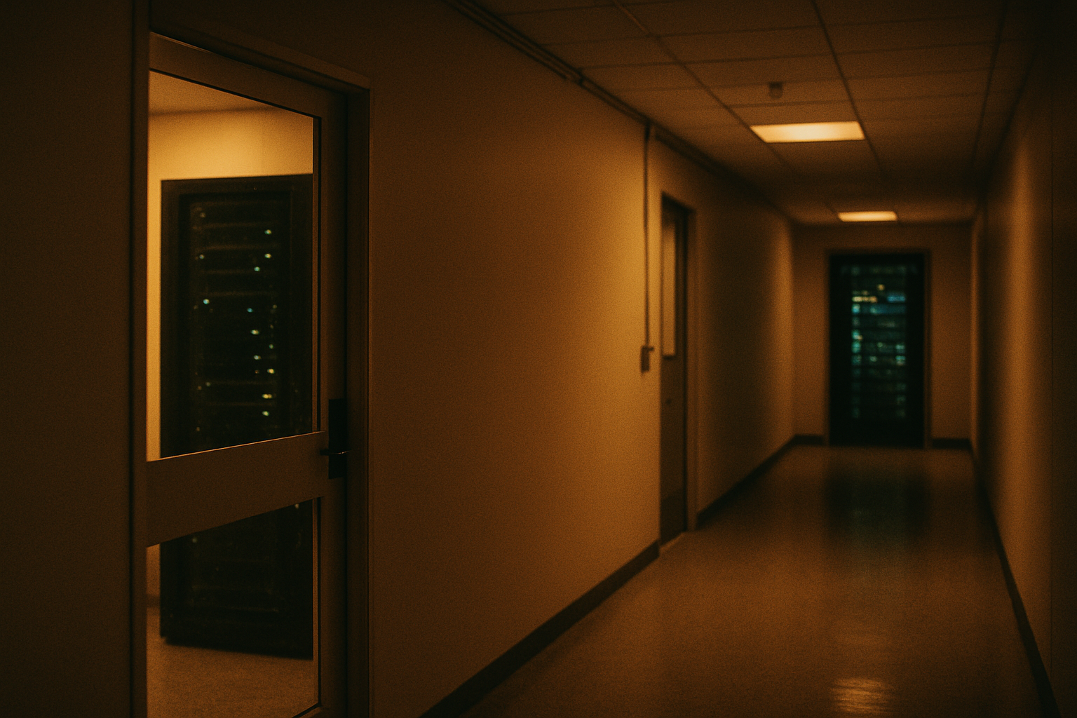 A quiet hospital corridor at shift change with a half-open equipment closet and soft light spilling onto the floor.