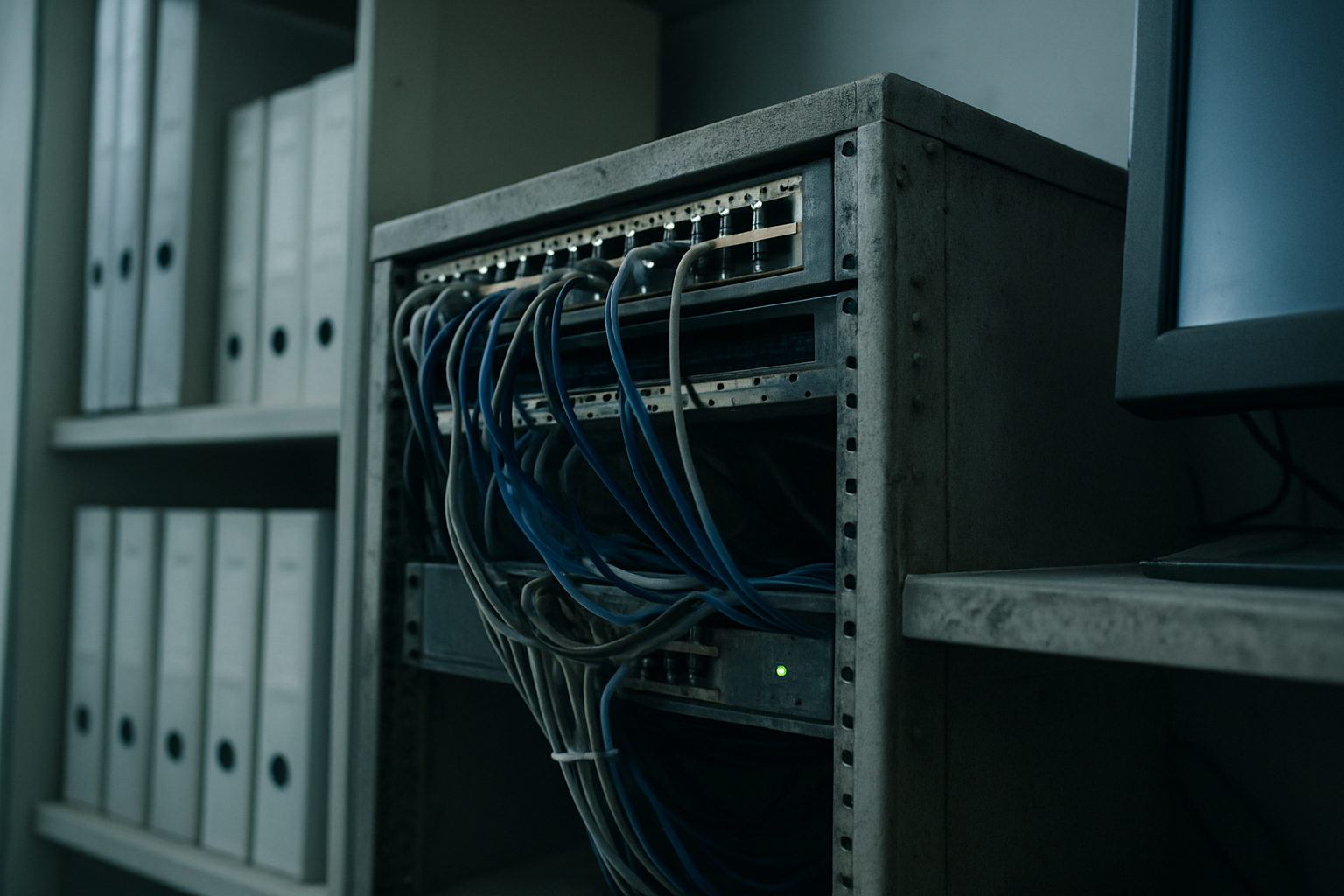 A close documentary photo shows a hospital integration rack with cables, labels, and a monitor edge lit by cool daylight.