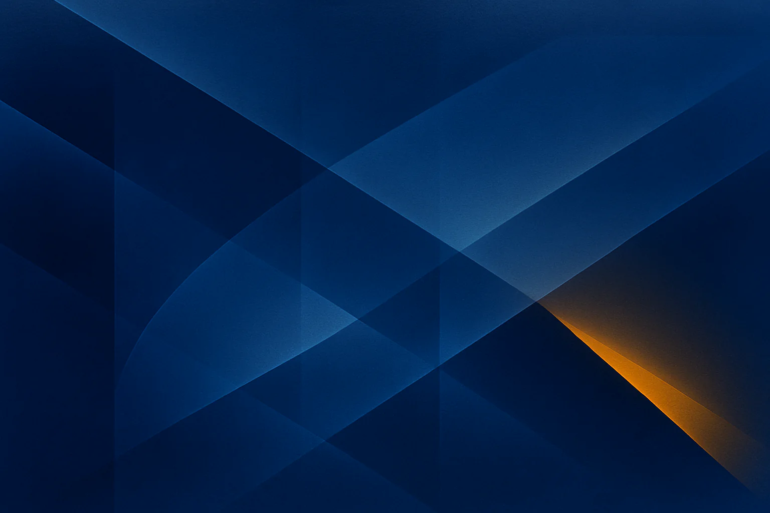An abstract composition of layered translucent blue planes with a sharp amber accent and smooth gradient fields.