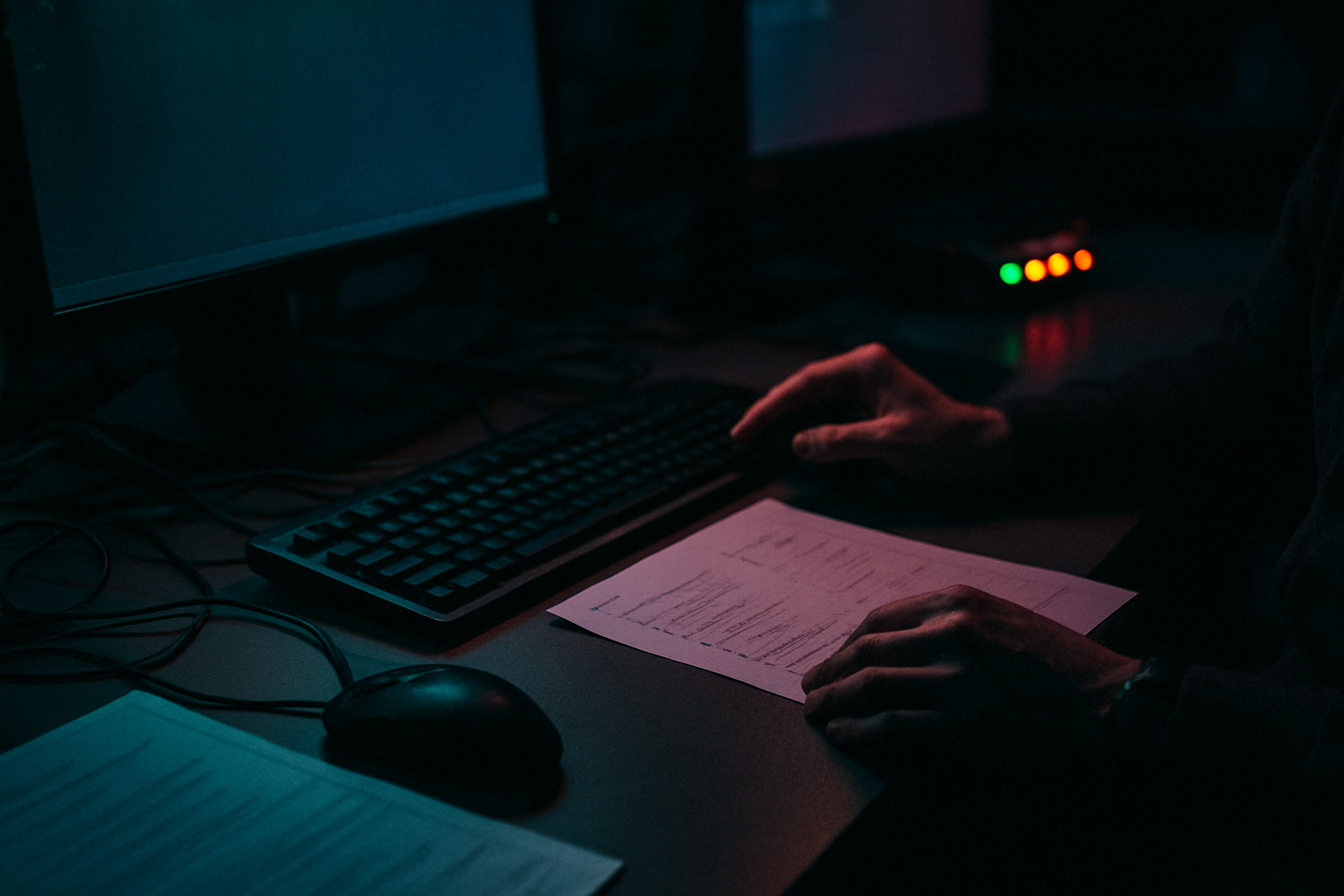 A dim after-hours clinical workstation with one person reviewing notes beside a monitor glow and indicator lights.