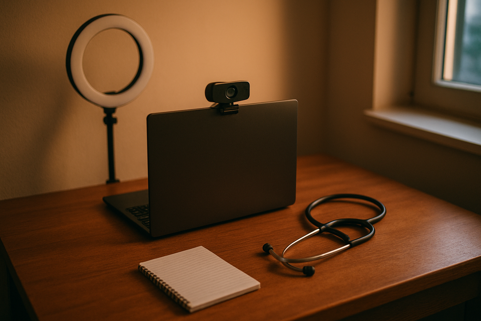 An empty telehealth room with a closed laptop, wall-mounted camera, and coiled cables beside a desk lit by soft daylight.