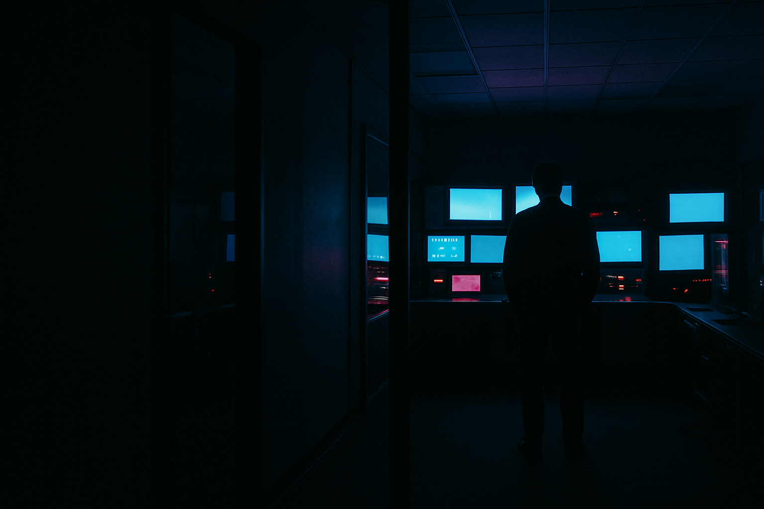 A dark after-hours healthcare operations room lit by monitor glow and indicator LEDs, with one silhouetted figure near the equipment.