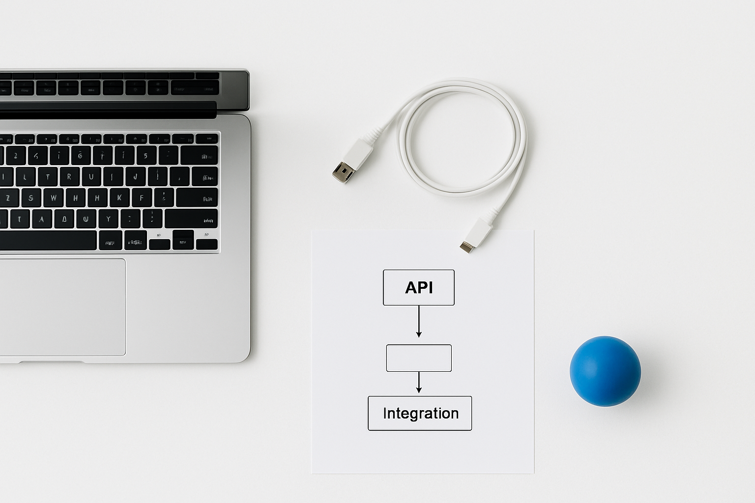 A bright studio still life shows a laptop, API cable, printed integration diagram, and one blue accent object arranged on a white seamless surface.