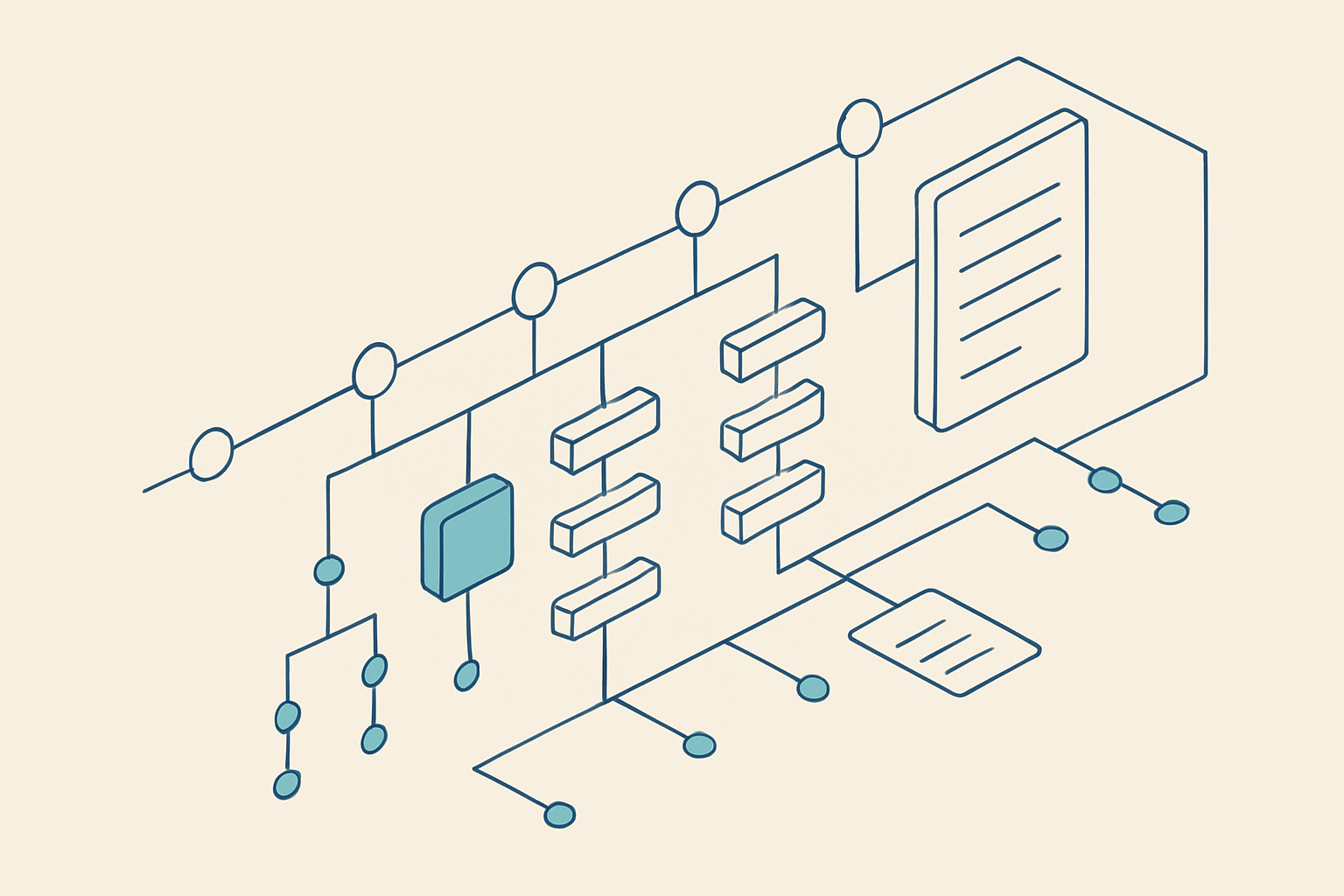 A clean isometric technical diagram showing connected FHIR resource groups arranged along a patient timeline.