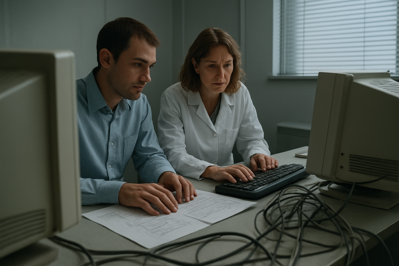 Two clinicians and an engineer review migration notes beside a legacy EMR workstation in a cool daylight office.