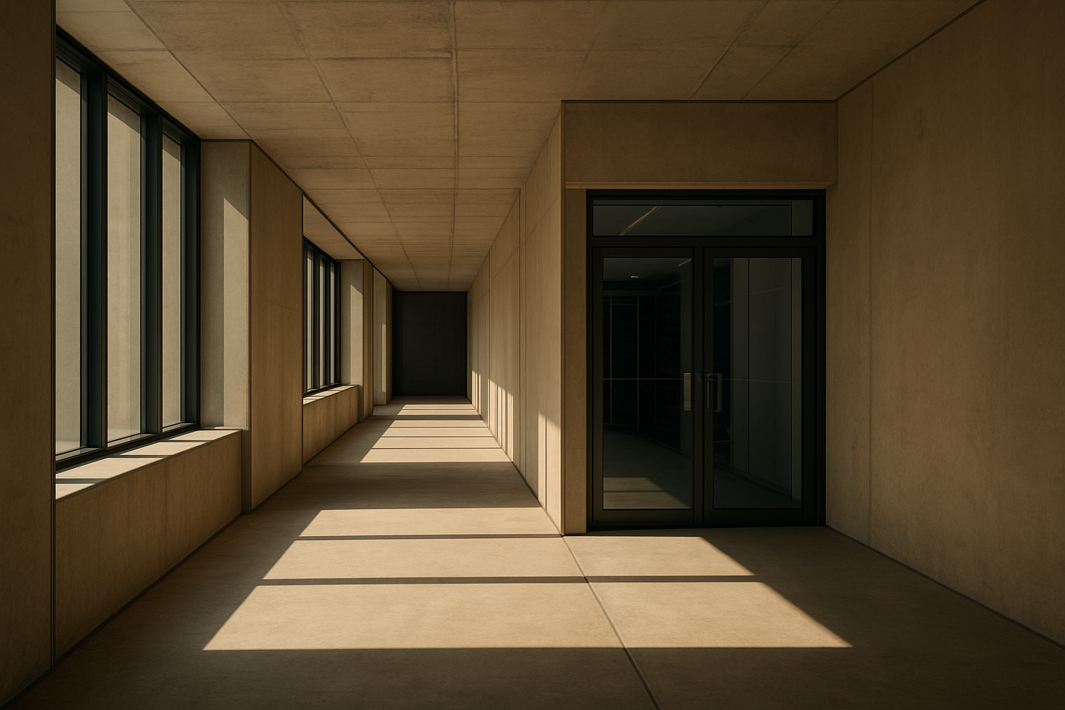 An empty concrete corridor beside a server hall entrance, lit by hard sunlight with deep shadow and strong geometric lines.