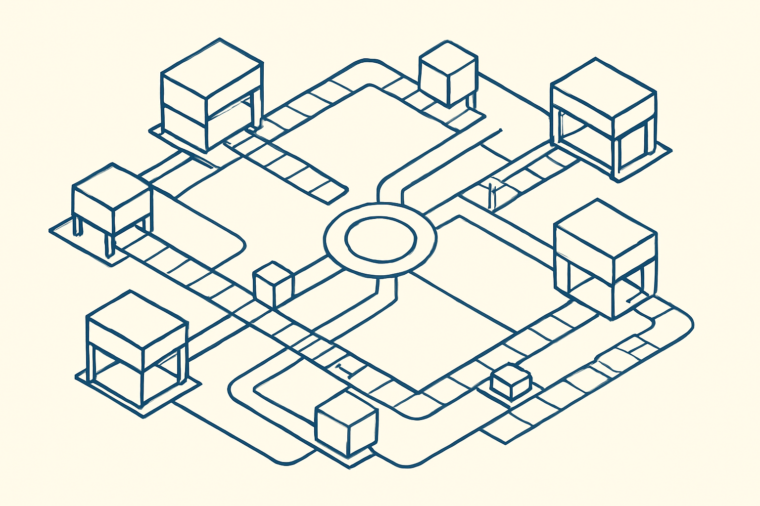 An isometric blueprint-style schematic showing a connected offshore product delivery system with modular work cells and review checkpoints.