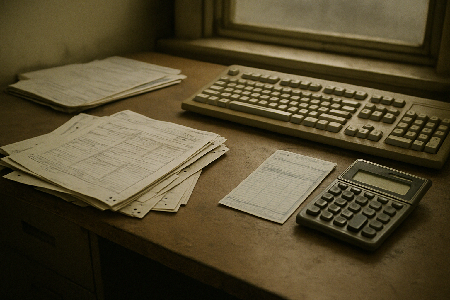 A billing desk with remittance pages, a calculator, and deposit paperwork under soft office light.