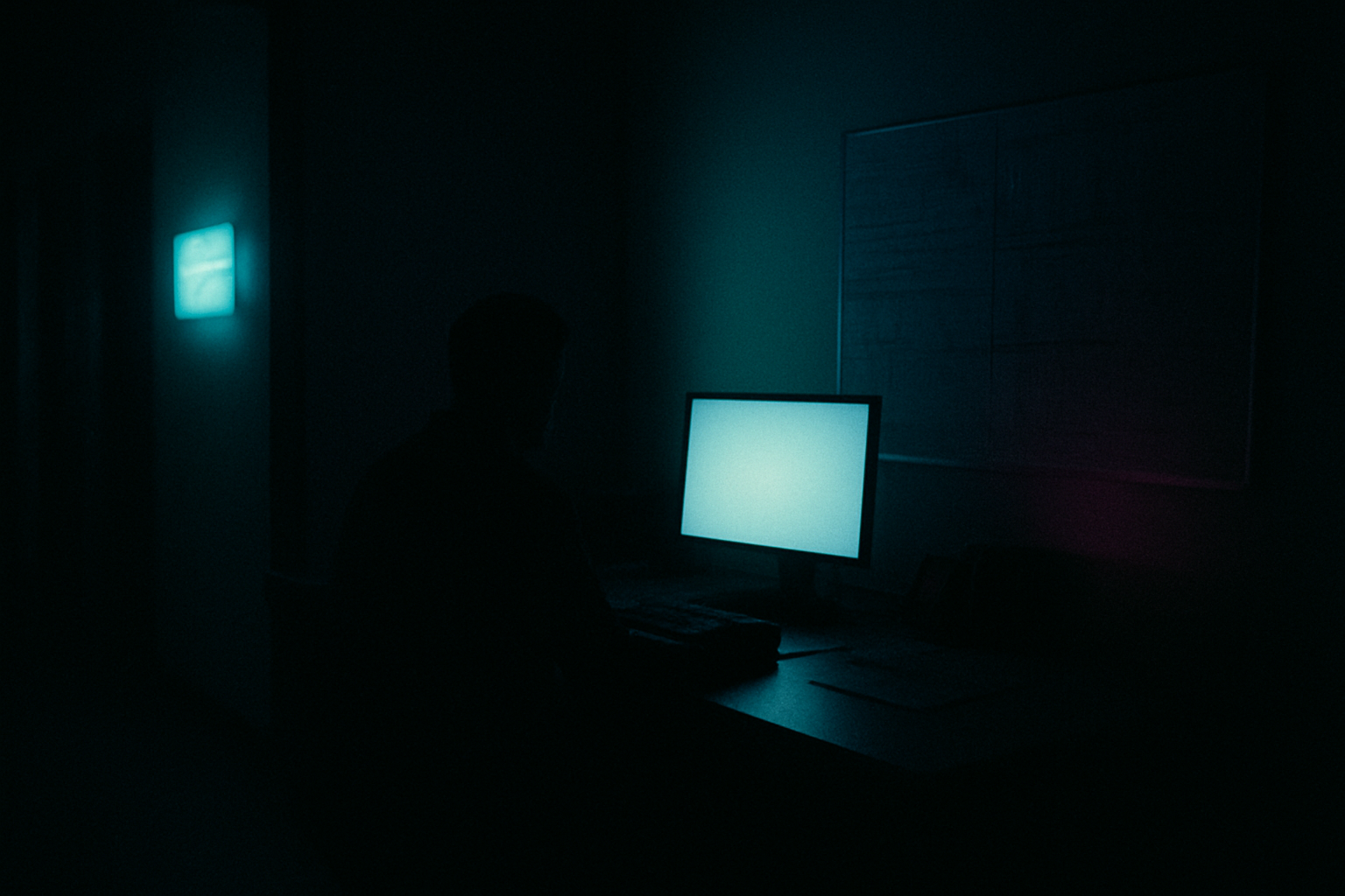A dark after-hours analytics office lit by monitor glow and corridor light, with a silhouetted figure near the workstation.