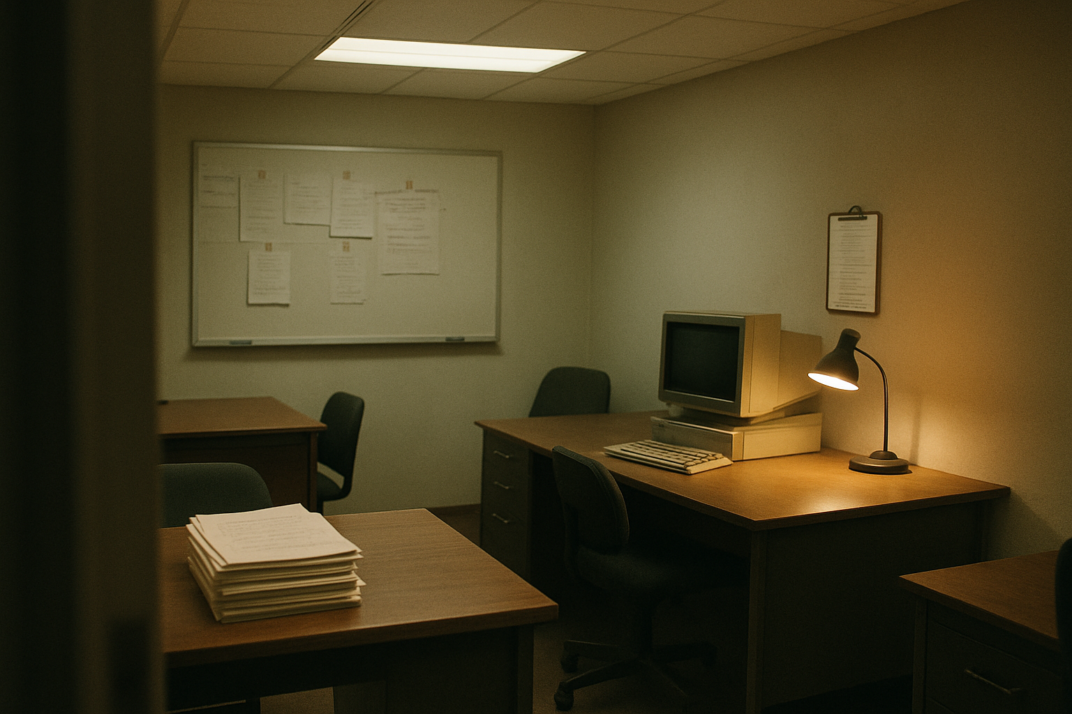 An empty billing office shows printed denial reports, an old terminal glow, and a migration checklist beside a warm desk lamp.