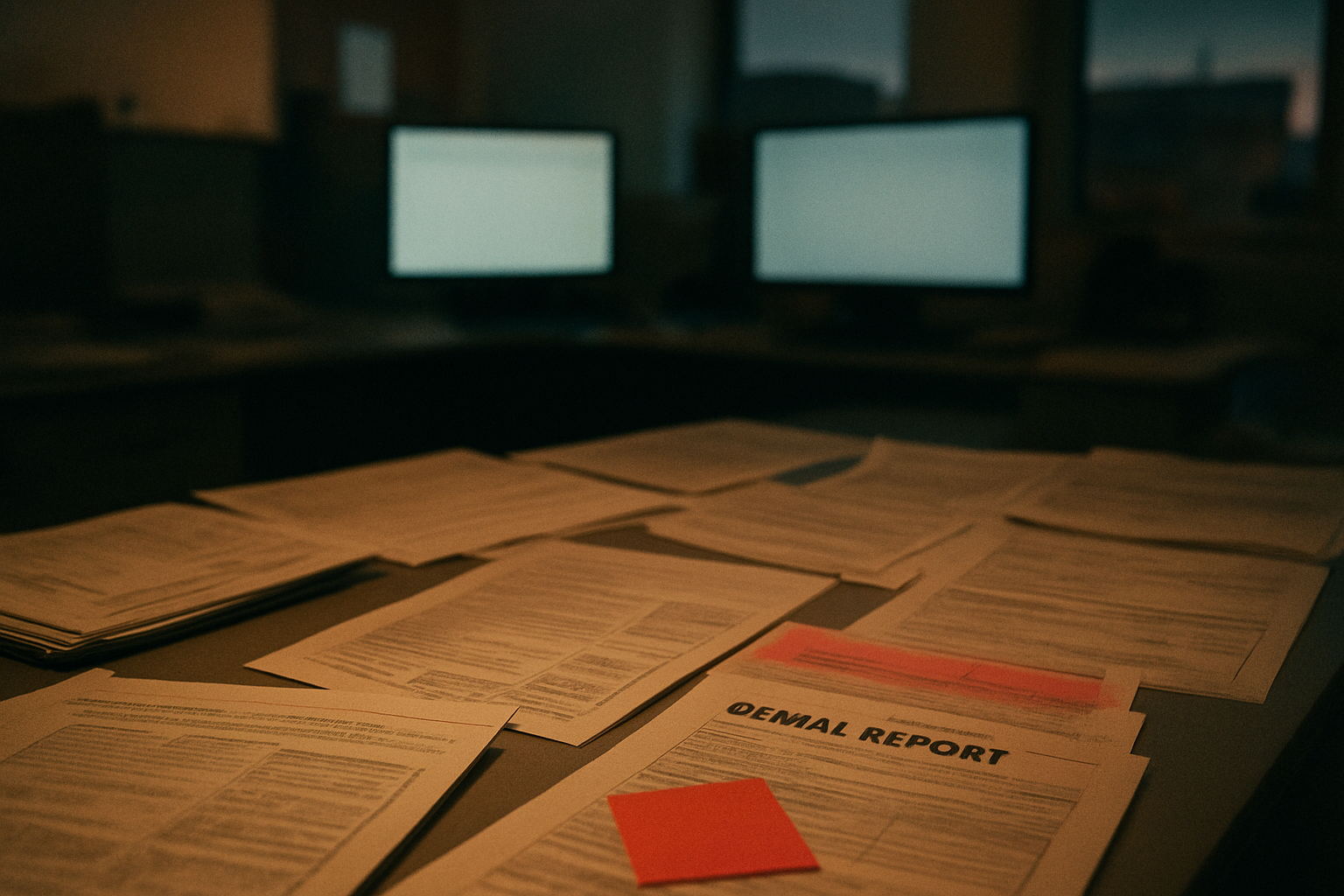 A dim revenue cycle workspace with denial reports on a desk and a single red sticky note beside glowing monitors.