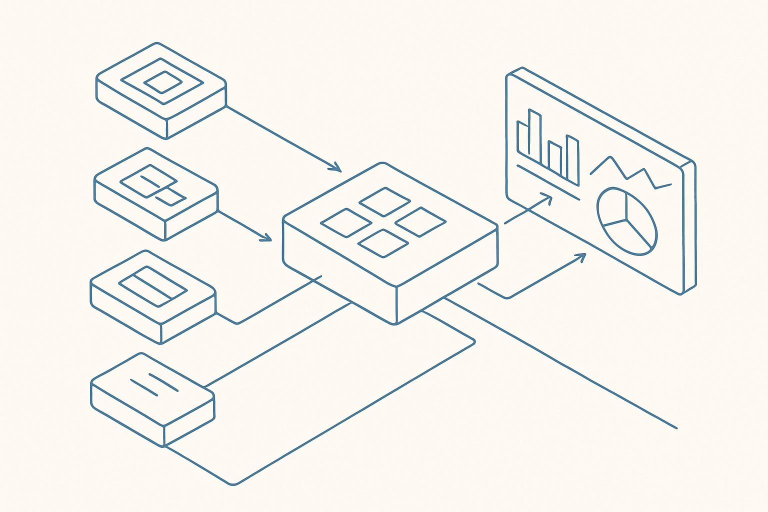 An isometric blueprint-style schematic shows a clinical data pipeline feeding multiple source systems into an analytics architecture.