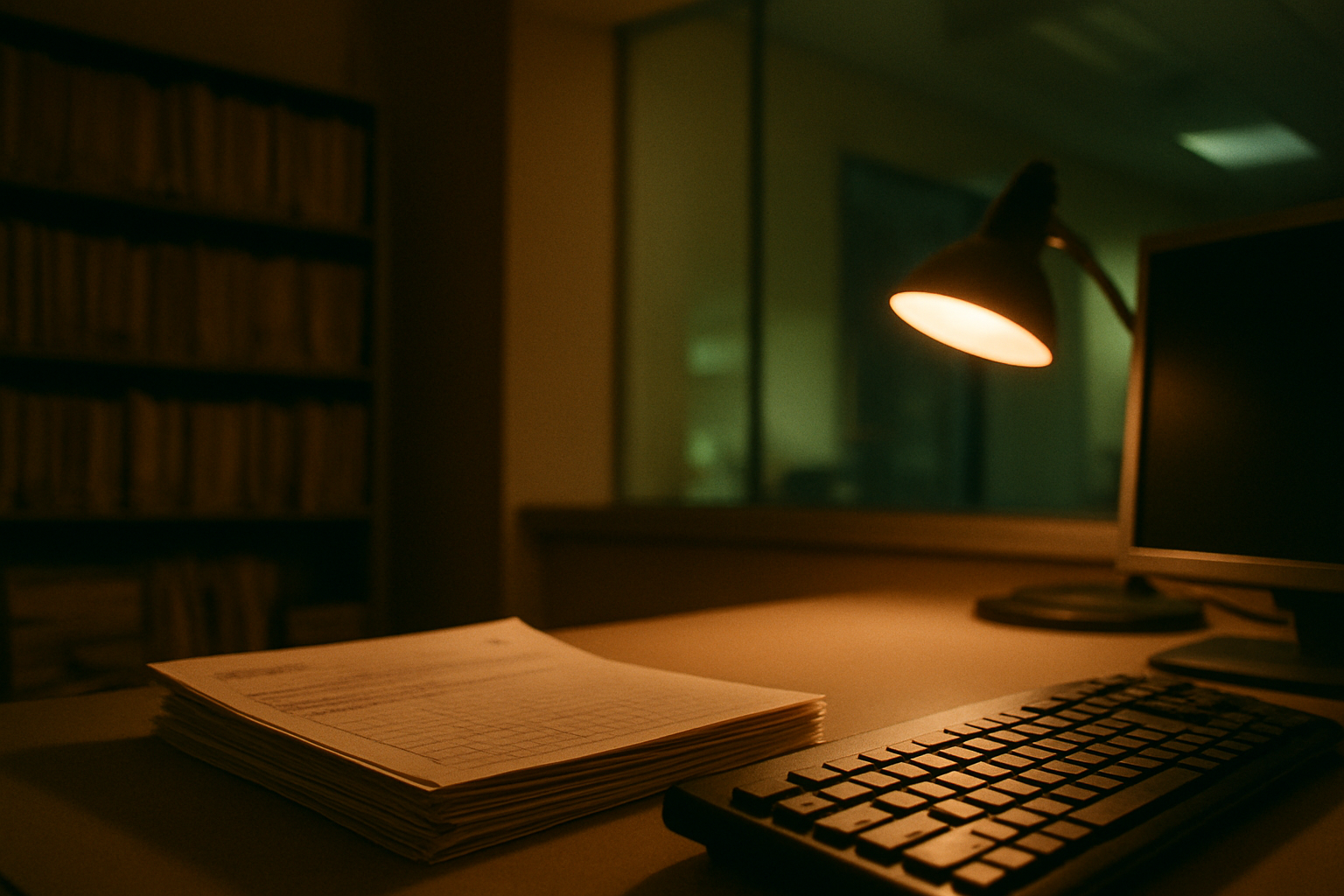 A dim billing office with a desk lamp, paper statements, and a workstation seen from the corner after hours.
