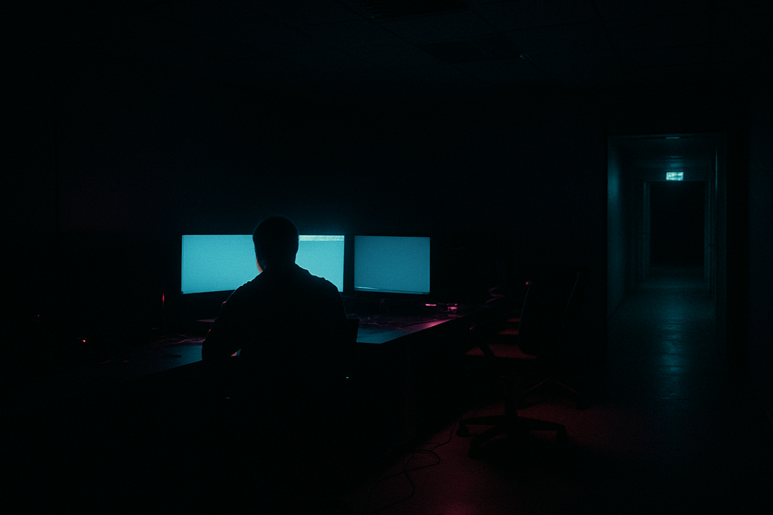 A dark after-hours office lit by monitors and indicator lights, with a silhouetted person at a workstation and empty chairs in the background.