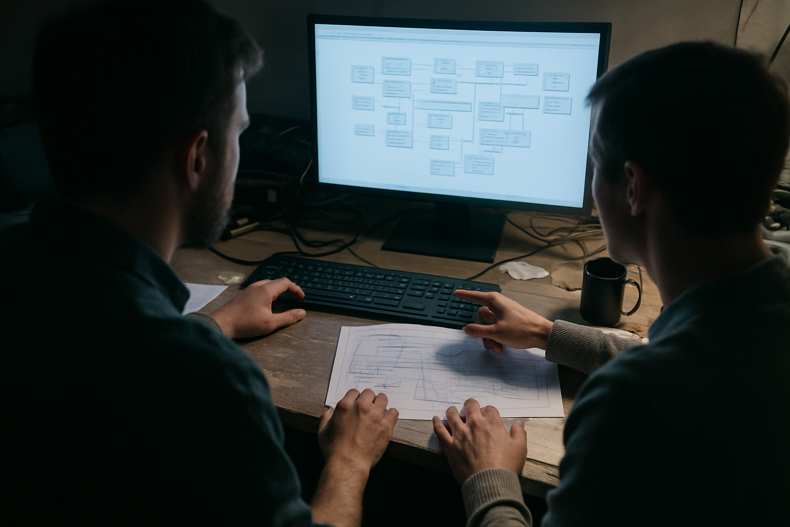 Two engineers review interface diagrams and notes at a cluttered operations desk under cool monitor light.