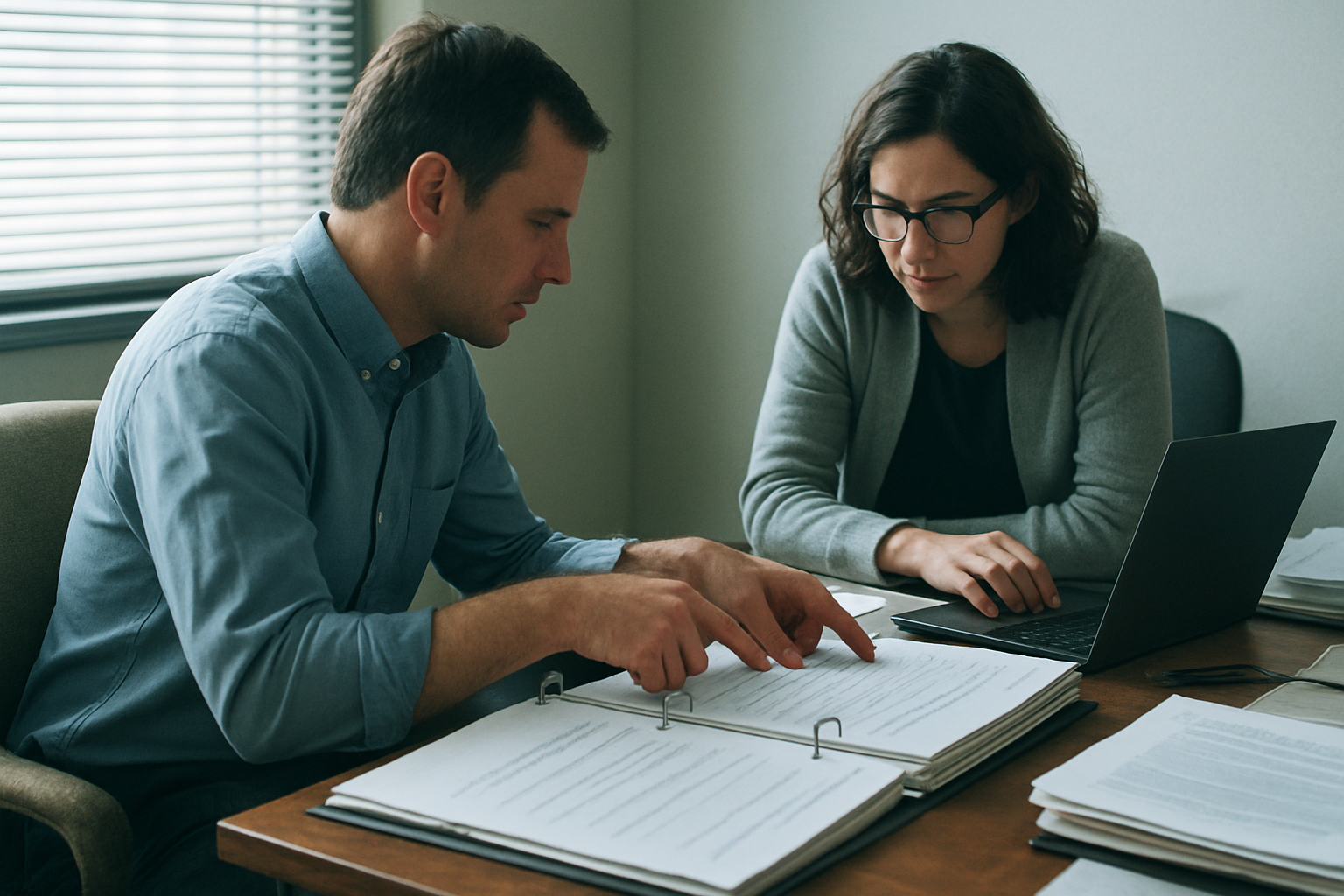 Two people review AI validation paperwork and test cases at a conference table in a modest office lit by window light.